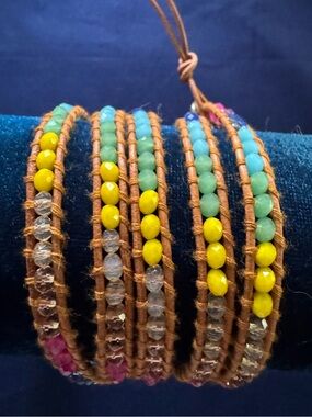Colorful Beaded Wrap Bracelet - Yellow & Turquoise Accent